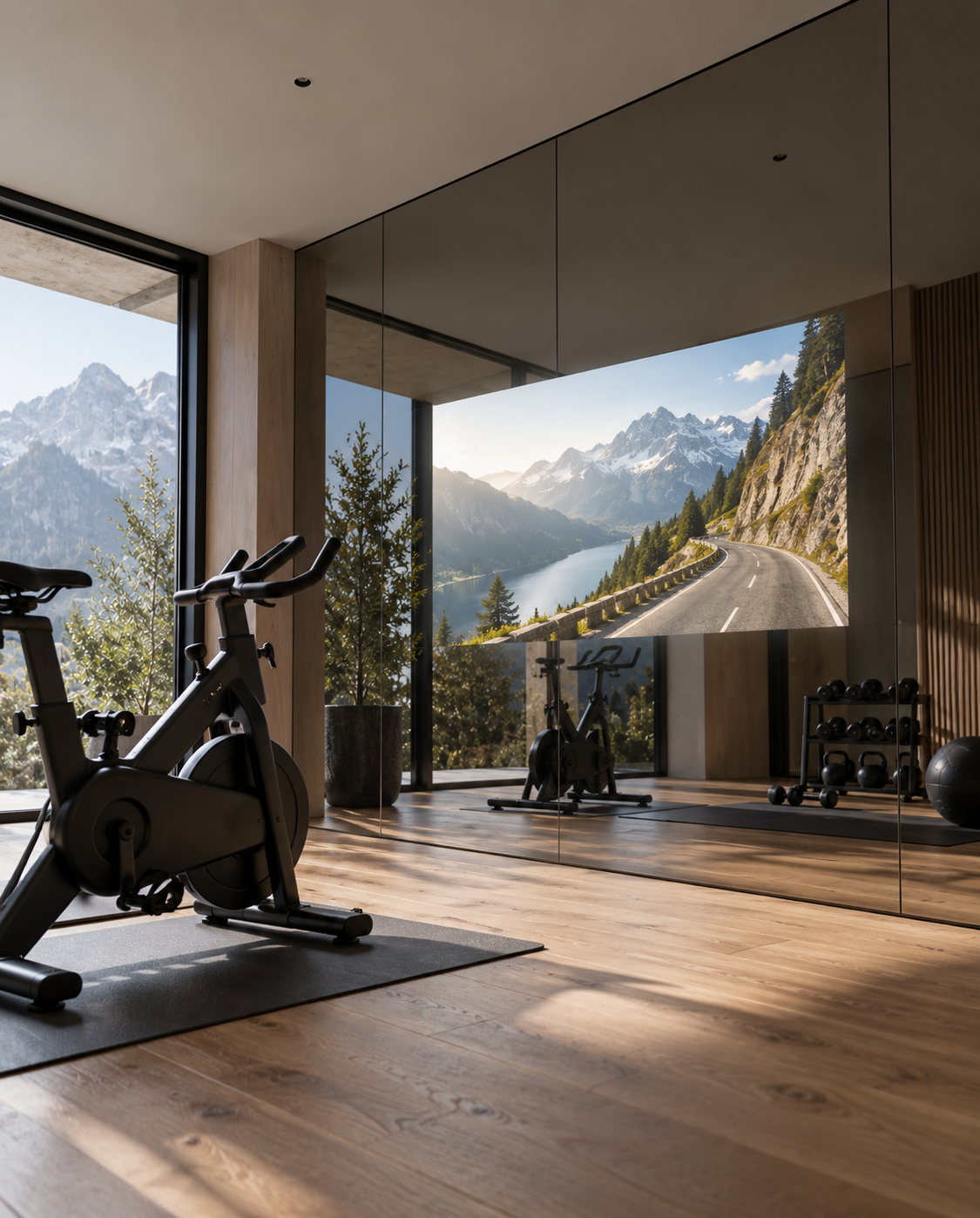 Mirror TV integrated into a home gym